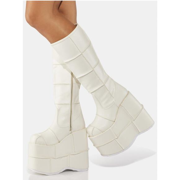 Demonia New Stack 301 White Vegan Leather Platform Boots Over The Calf Men's 6 - Picture 1 of 16